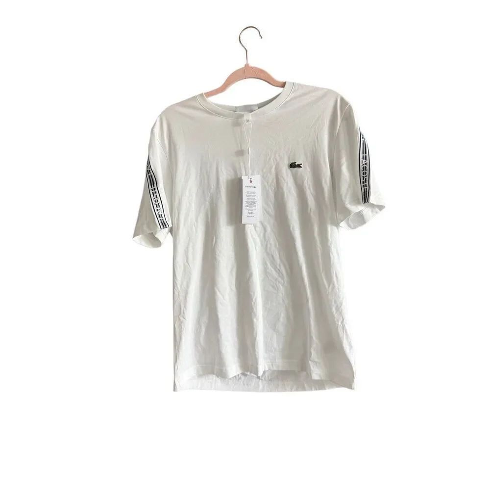 NWT Lacoste Mens White Regular Fit Logo Stripe Short Sleeve T-Shirt Size Medium